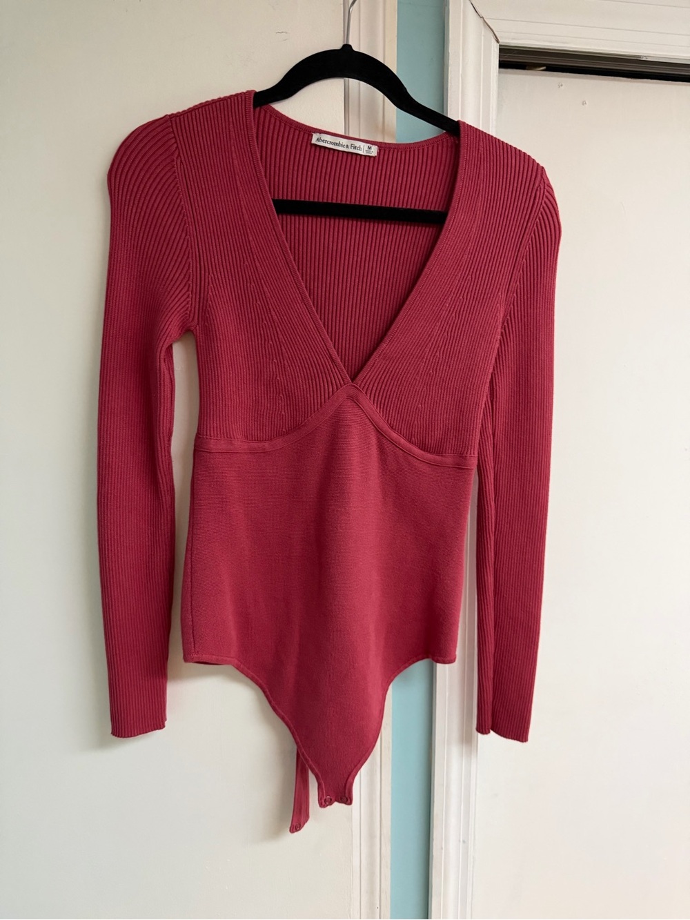 Deep V Ribbed Bodysuit Sweater - Rose Red
